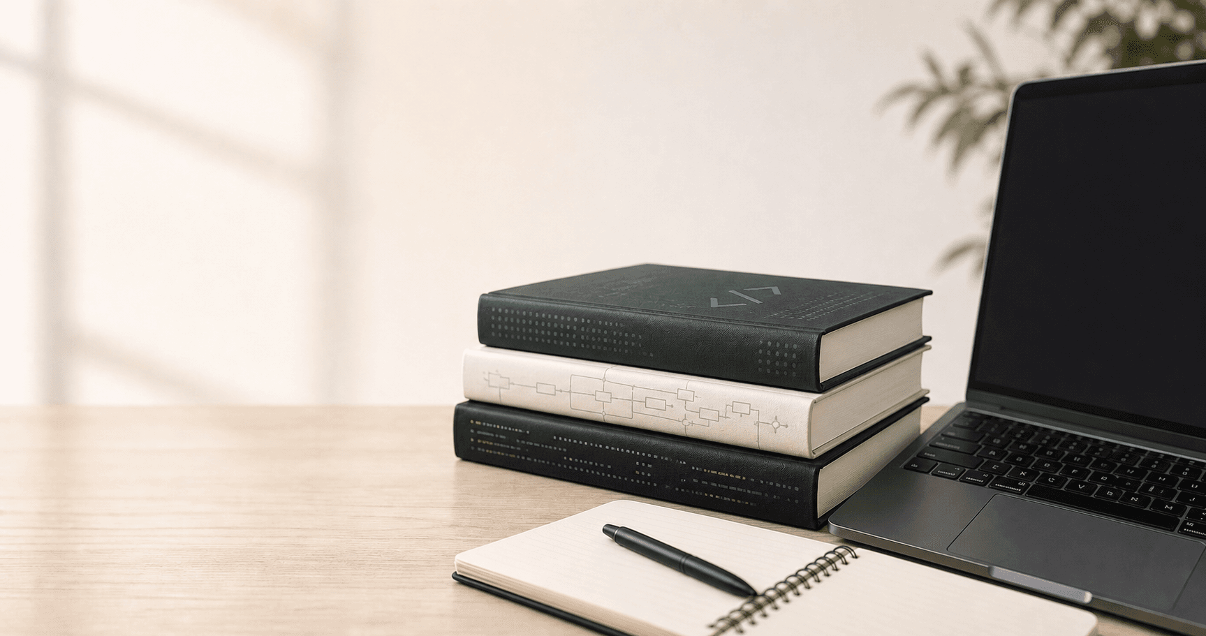 کتابهای فنی و لپتاپ روی میز کار